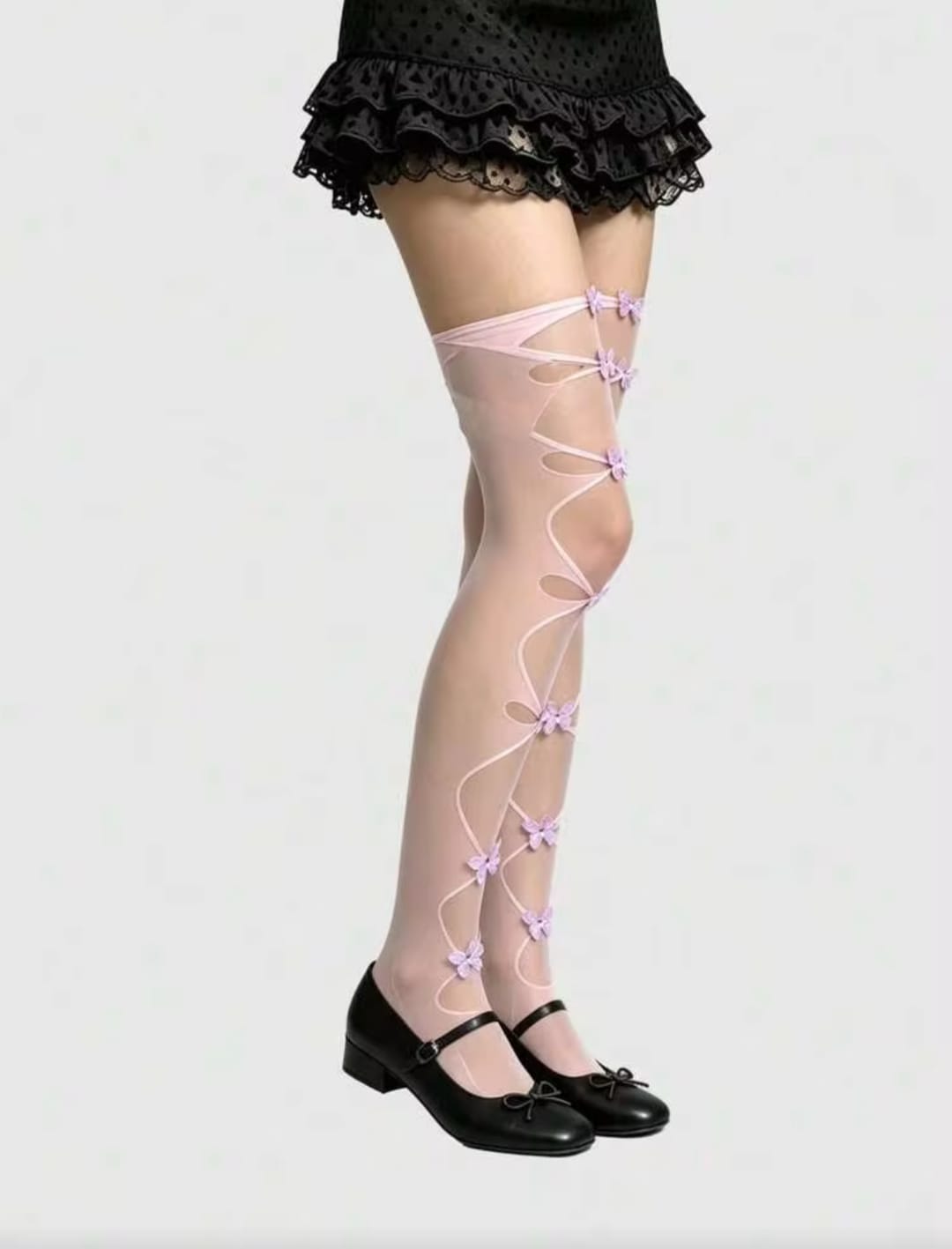 Women’s Sheer Pink Thigh-High Stockings with Butterfly Bow Details – Romantic Fashion Hosiery